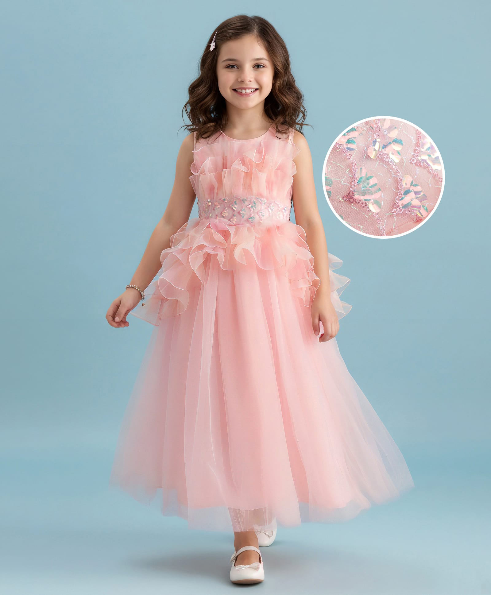 Mark & Mia Woven Sleeveless Mesh Party Gown with Sequin & Frill Detailing - Peach-picture-22