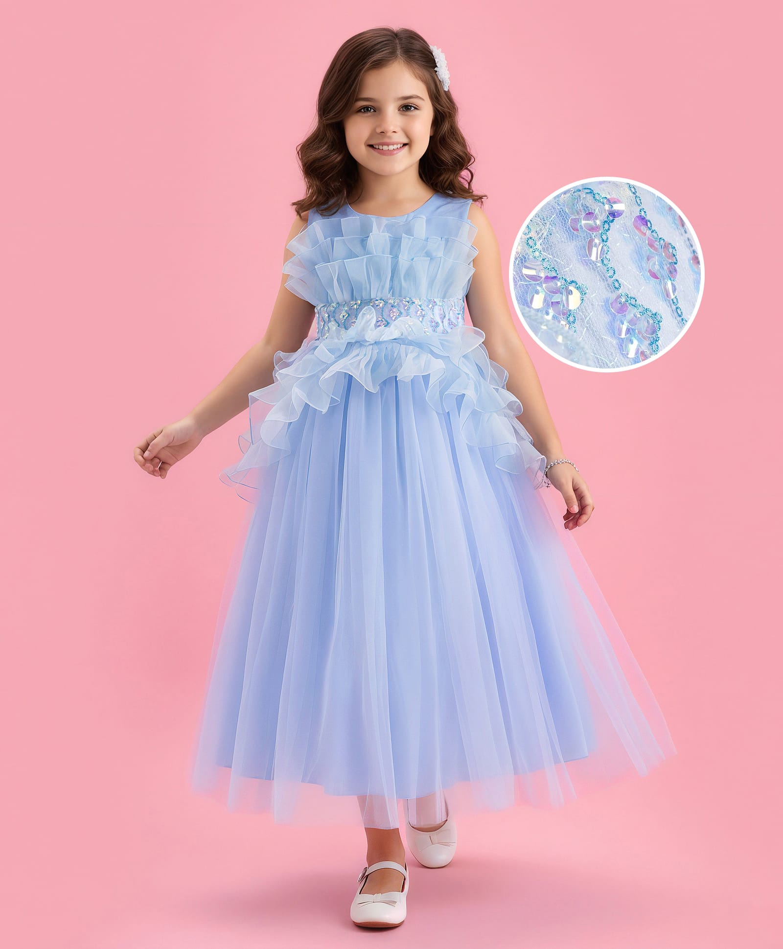 Mark & Mia Woven Sleeveless Mesh Party Gown with Sequin & Frill Detailing - Aqua Blue-picture-21