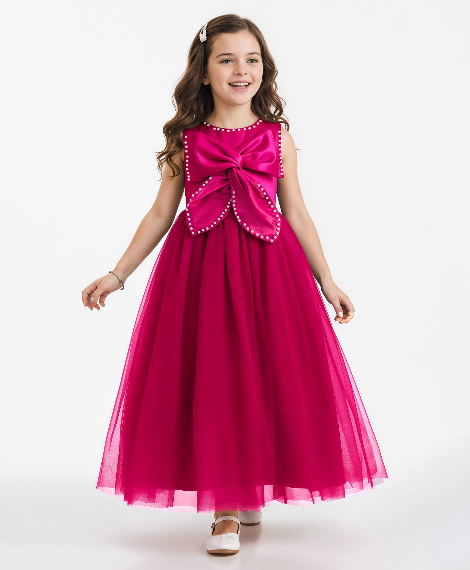 Mark & Mia Woven Sleeveless Party Gown with Bow Applique & Pearl Detailing - Fuchsia