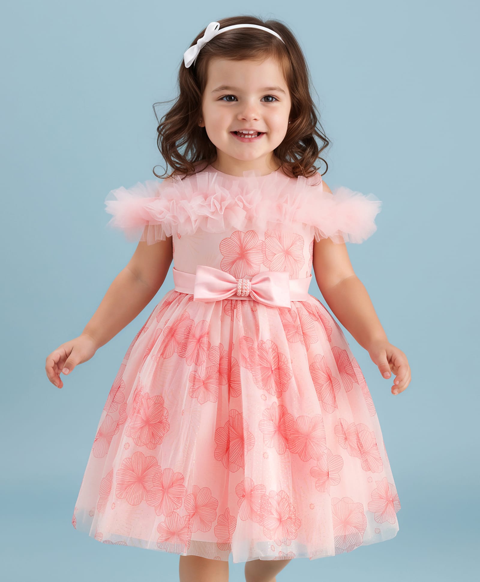 Mark & Mia Woven Off Shoulder Sleeves Floral Printed Party Dress with Bow Applique - Peach-image-25
