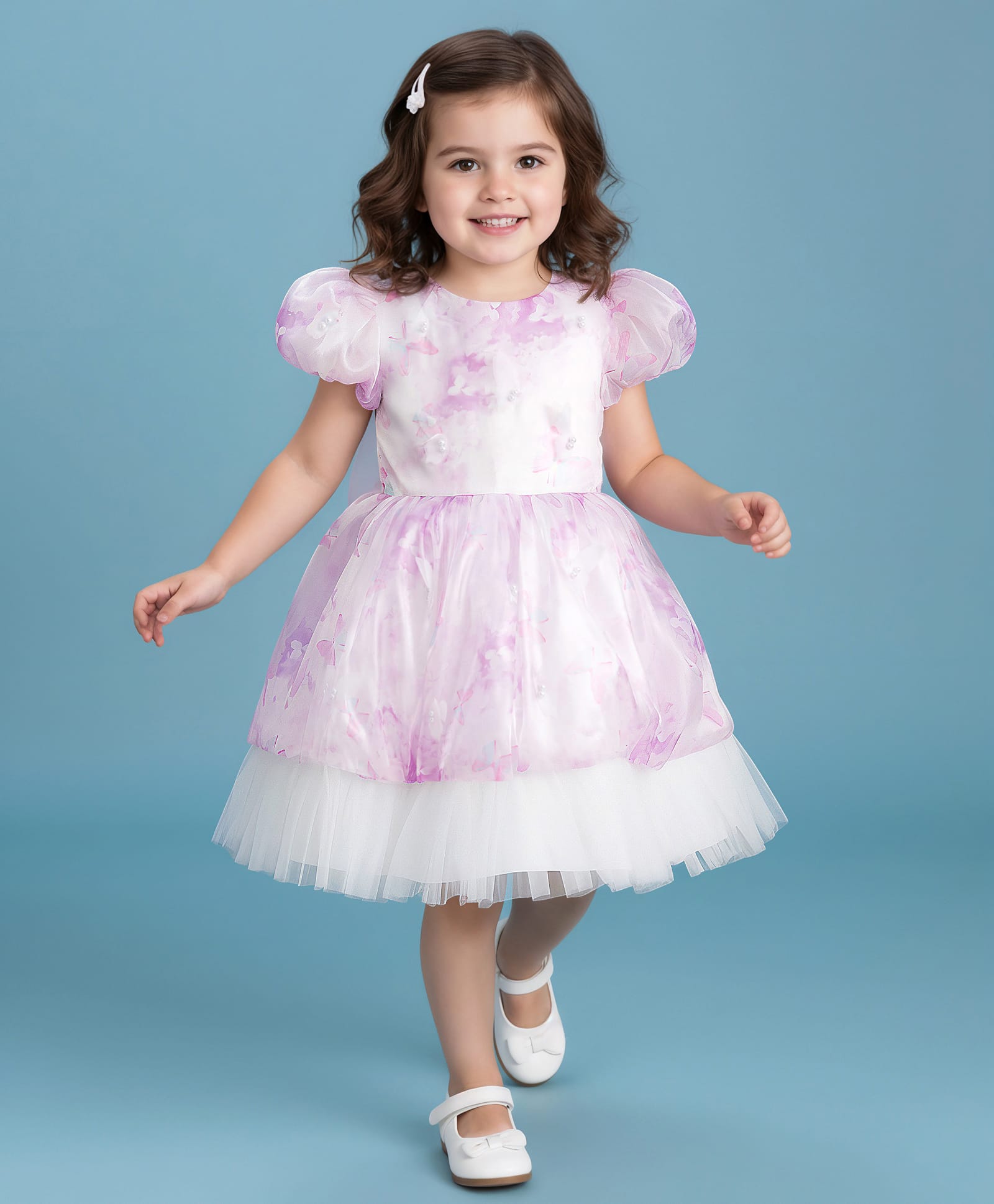 Mark & Mia Woven Half Puffed Sleeves Party Dress with Floral Print Butterfly Applique in Back & Pearl Detailing - Lavender-image-16