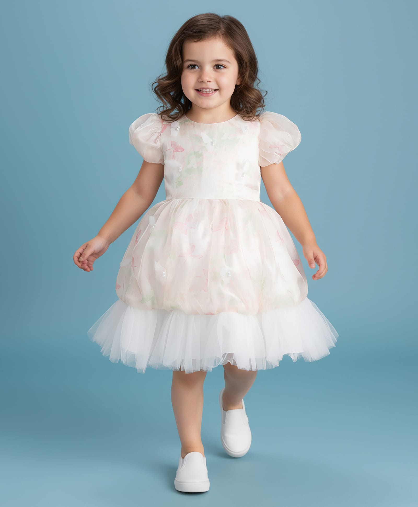 Mark & Mia Woven Half Puffed Sleeves Party Dress with Floral Print Butterfly Applique in Back & Pearl Detailing - Sea Green-image-10