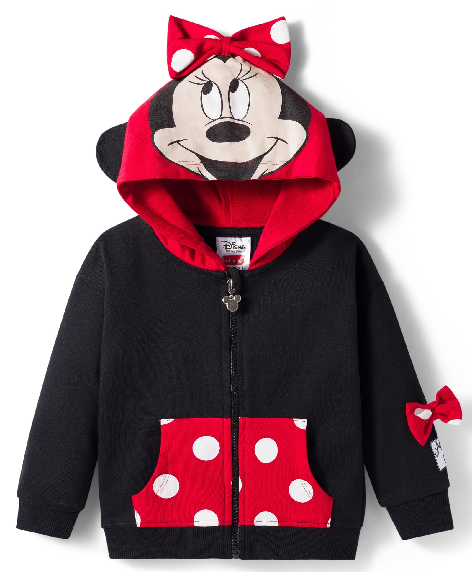 Babyhug Disney Terry Knit Drop Shoulder Full Sleeves Hooded Sweatshirt with Minnie Mouse Graphics and 3D Appilque - Red & Black-image-28