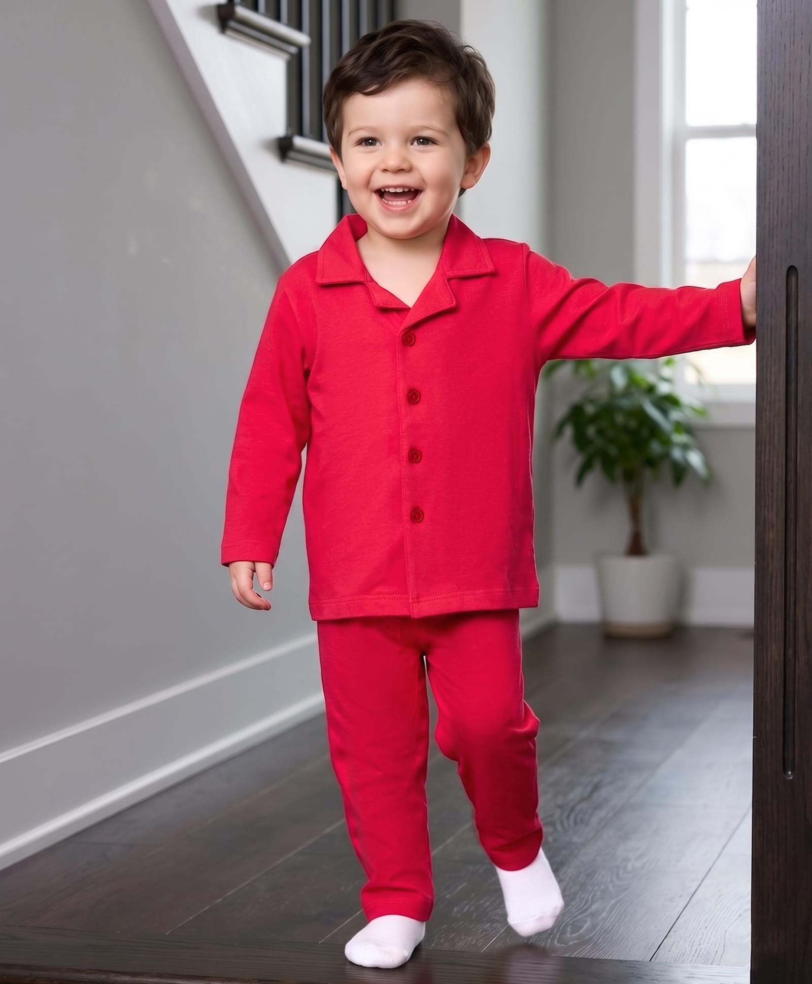 Kookie Kids India Single Jersey Knit Full Sleeves Solid Colour Co-ords Night Suit - Red-picture-31