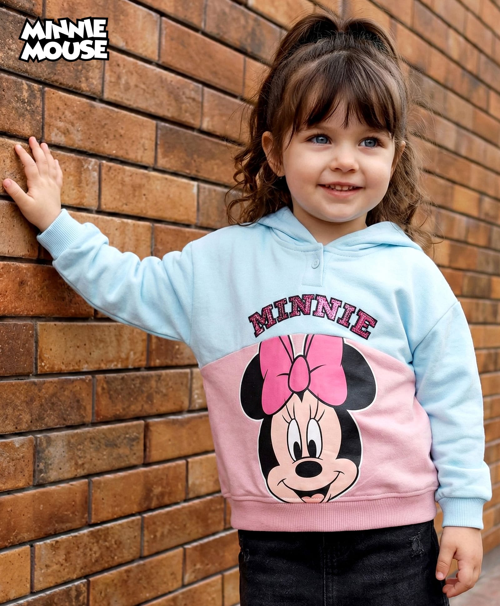 Babyhug Disney Terry Knit Drop Shoulder Full Sleeves Hooded Sweatshirt With Minnie Mouse Graphics & Sequin Detailing - Light Blue-picture-25