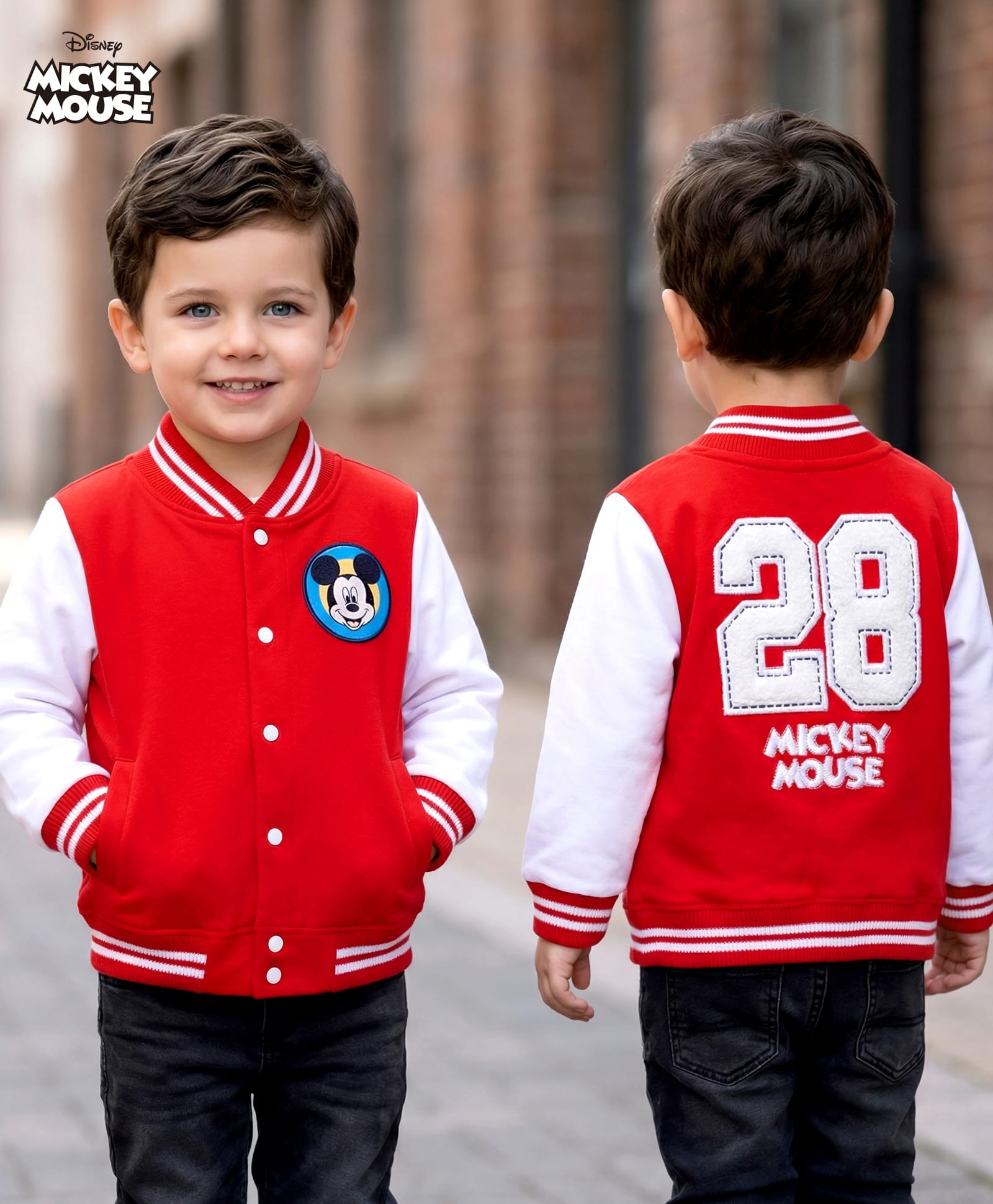 Babyhug Disney Terry Knit Full Sleeves Bomber Jacket with Mickey Mouse Badge Detailing - Red-picture-10