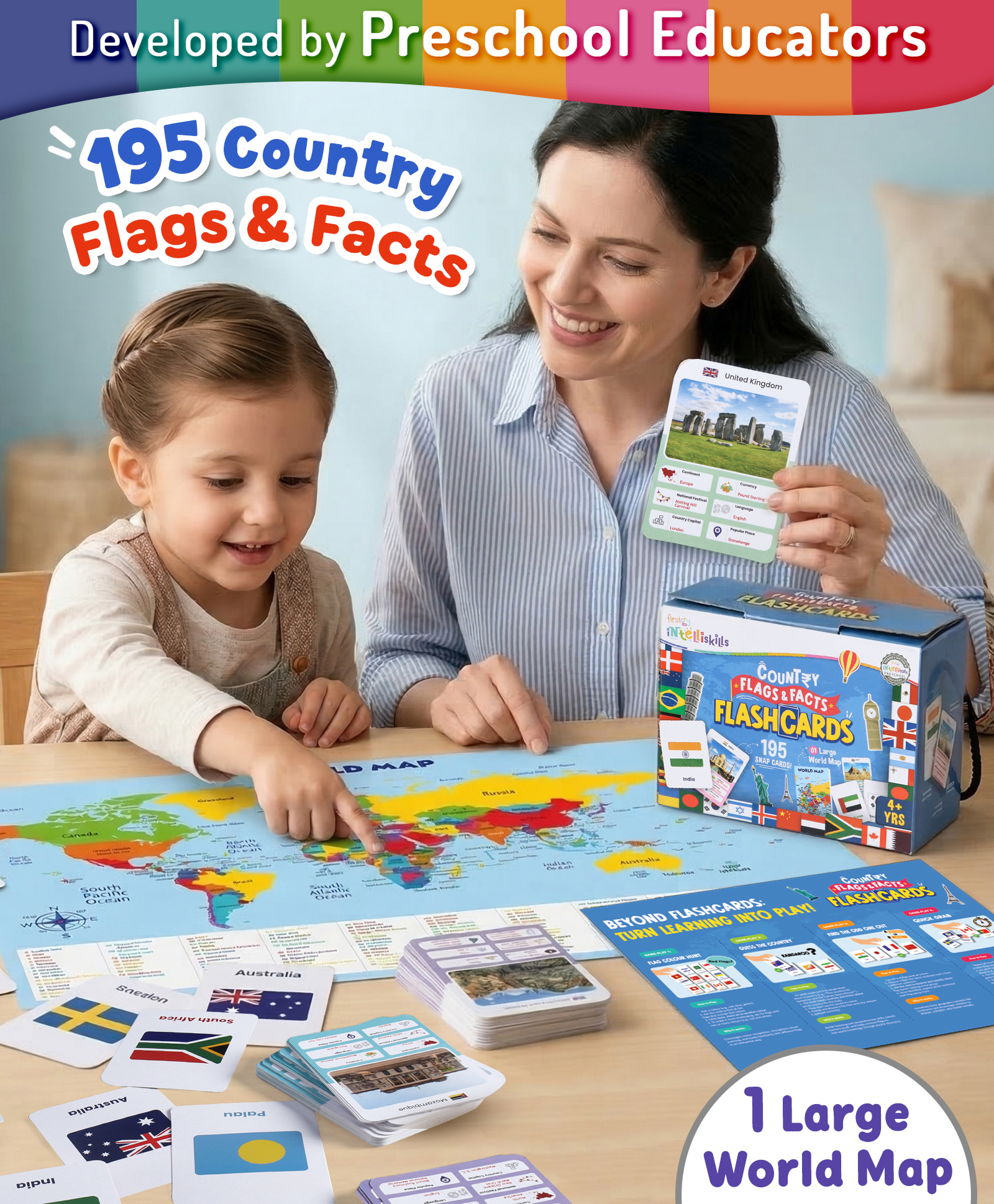 Intelliskills 195 Country Flags & Facts Flashcards with Large World Map for Kids | General Knowledge | Gameplay Sheet | Fun Geography Learning Game | BIS Certified | Educator Recommended | For Gifting-image-49