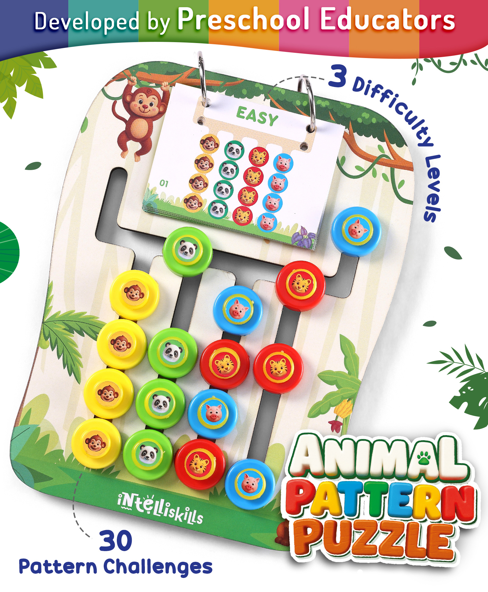 Intelliskills Animal Pattern Puzzle for Kids | Colour Coder Toy- Wild Animals Jungle Theme | 30 Challenges- 3 Levels | Boosts Logical Thinking | Educator Recommended |BIS Certified| Ideal For Gifting-image-3