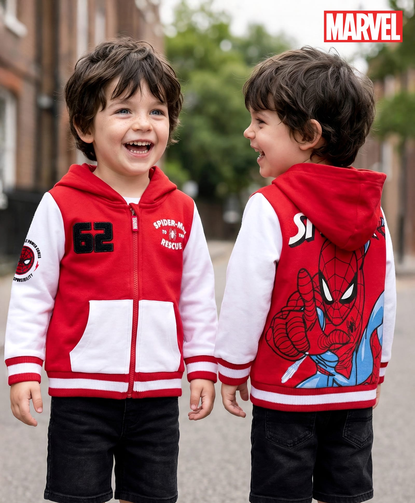 Babyhug Marvel Terry Knit Full Sleeves Hooded Sweatjacket with Spider-Man Graphics and Badge Detailing - Red & White