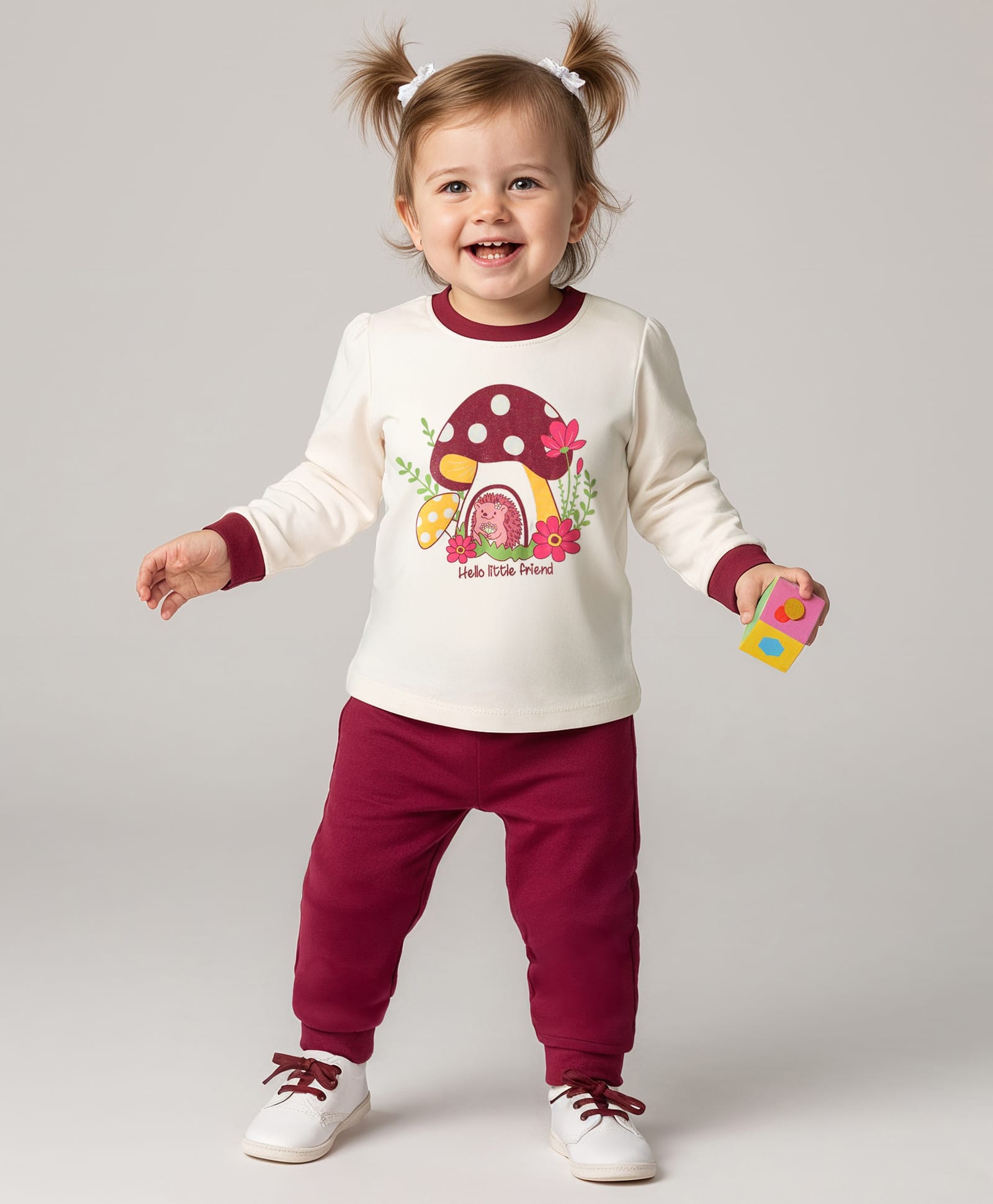 Babyoye 100% Cotton Knit with Eco Jiva Finish Full Sleeves Top & Joggers Set with Floral & Animal Print - White & Maroon-picture-26