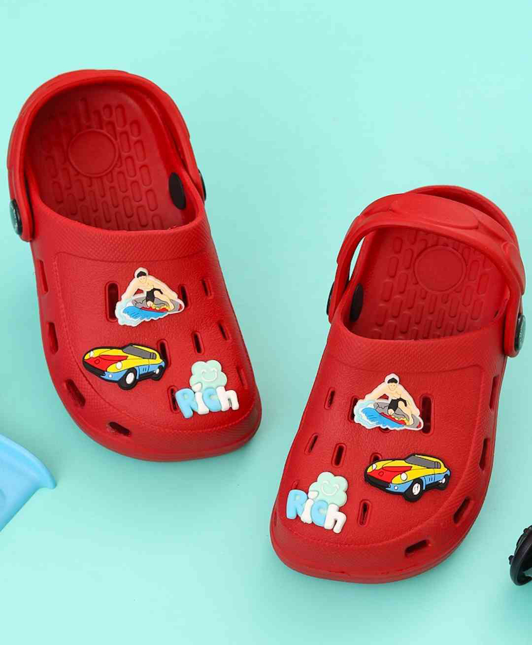 Yellow Bee Surfing & Car Applique Detailed Perforated Slingback Clogs - Red-picture-40