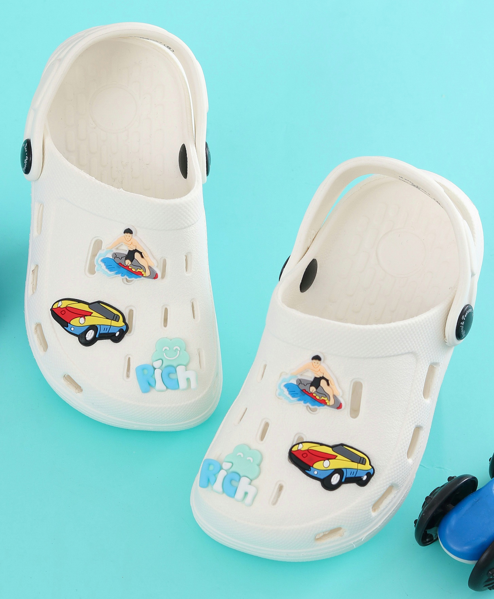 Yellow Bee Surfing & Car Applique Detailed Perforated Slingback Clogs - White-picture-32