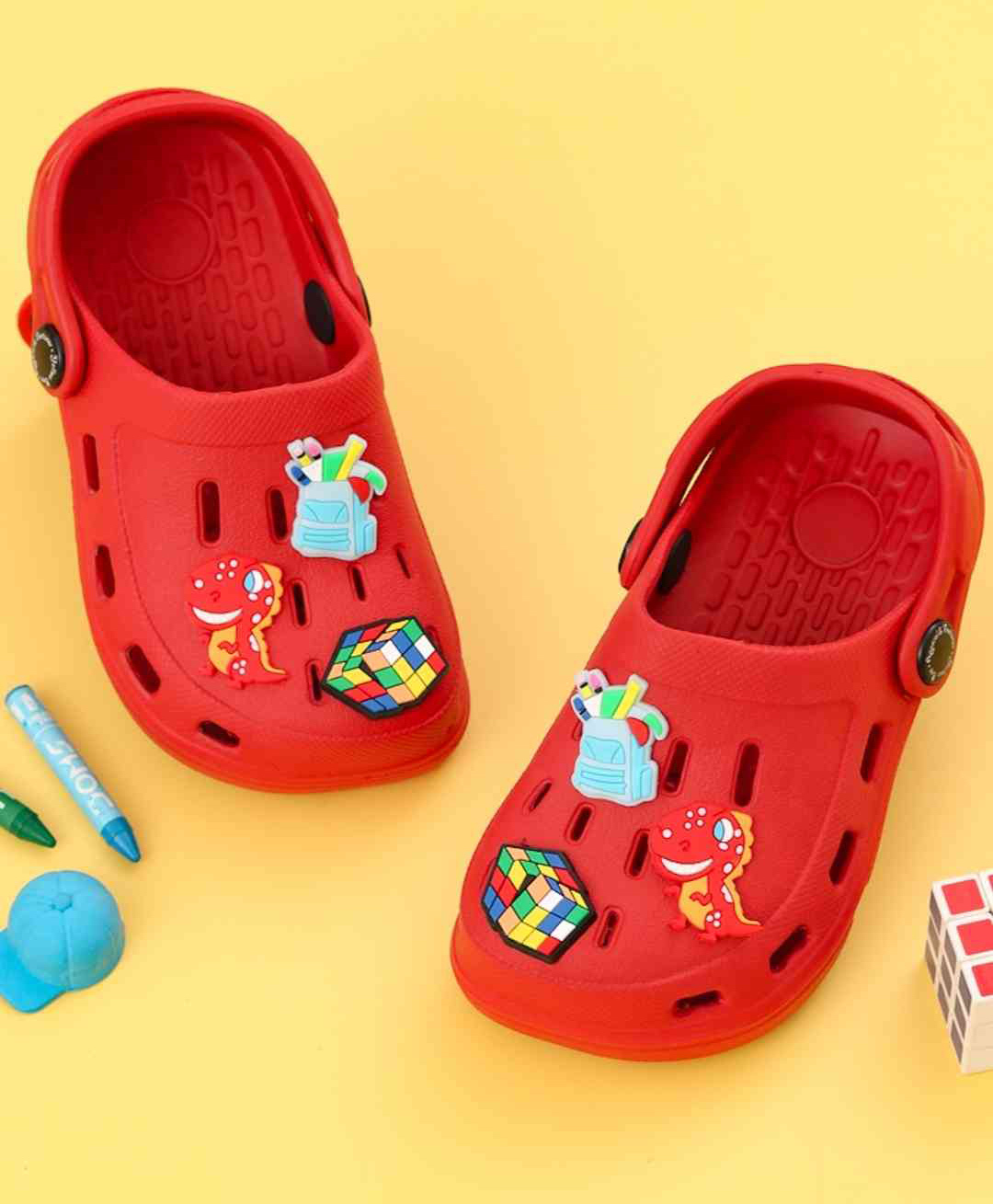 Yellow Bee Backpack & Dinosaur Applique Detailed Perforated Slingback Clogs - Red-image-30