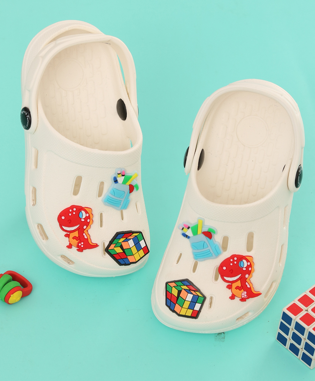 Yellow Bee Backpack & Dinosaur Applique Detailed Perforated Slingback Clogs - White-image-12