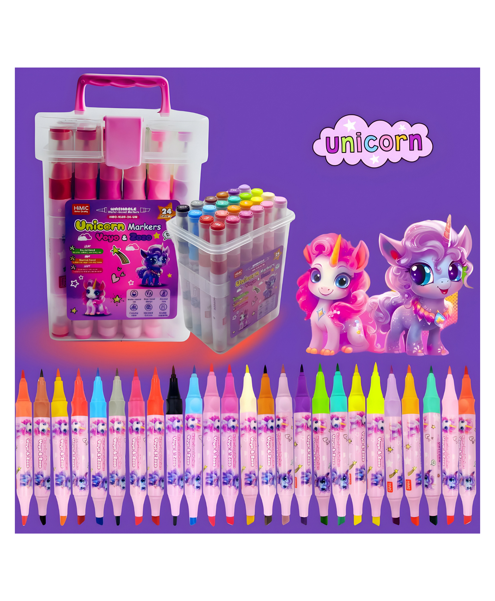 SCHOOLISH Unicorn Theme Double-Head Marker Pens, Water-Based Non-Toxic Ink, Quick Drying Colorful Highlighter Pens for Multipurpose, Stationery Items for Kids- PACK OF 1-image-34