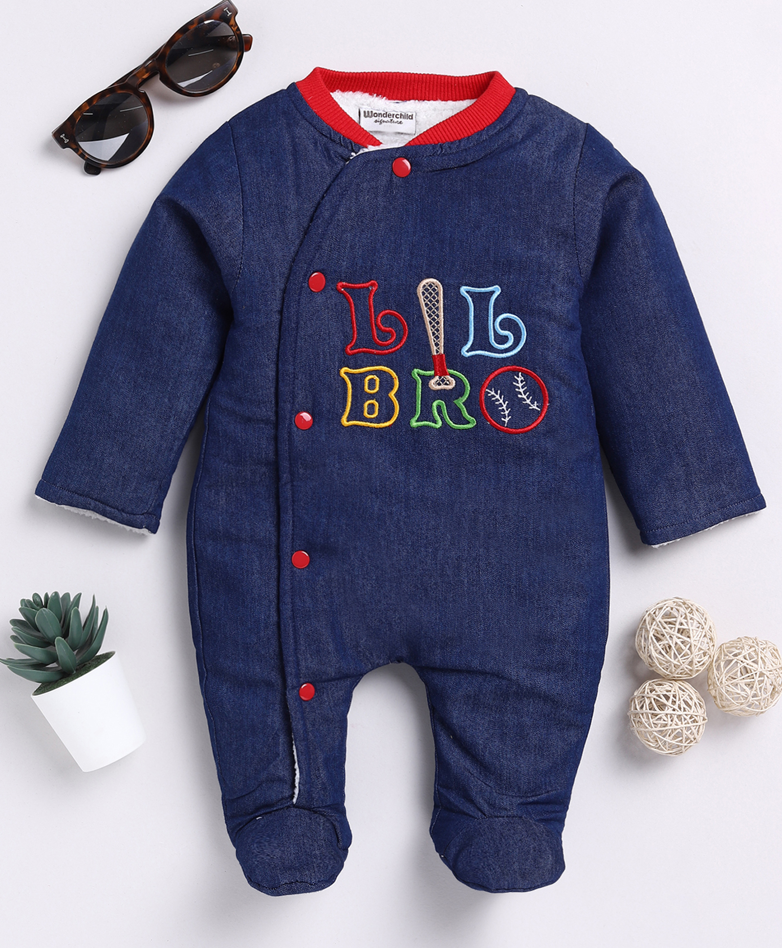 Wonderchild Full Sleeves Lil Bro Text Embroidered Sherpa Padding Detailed Footed Sleepsuit - Blue