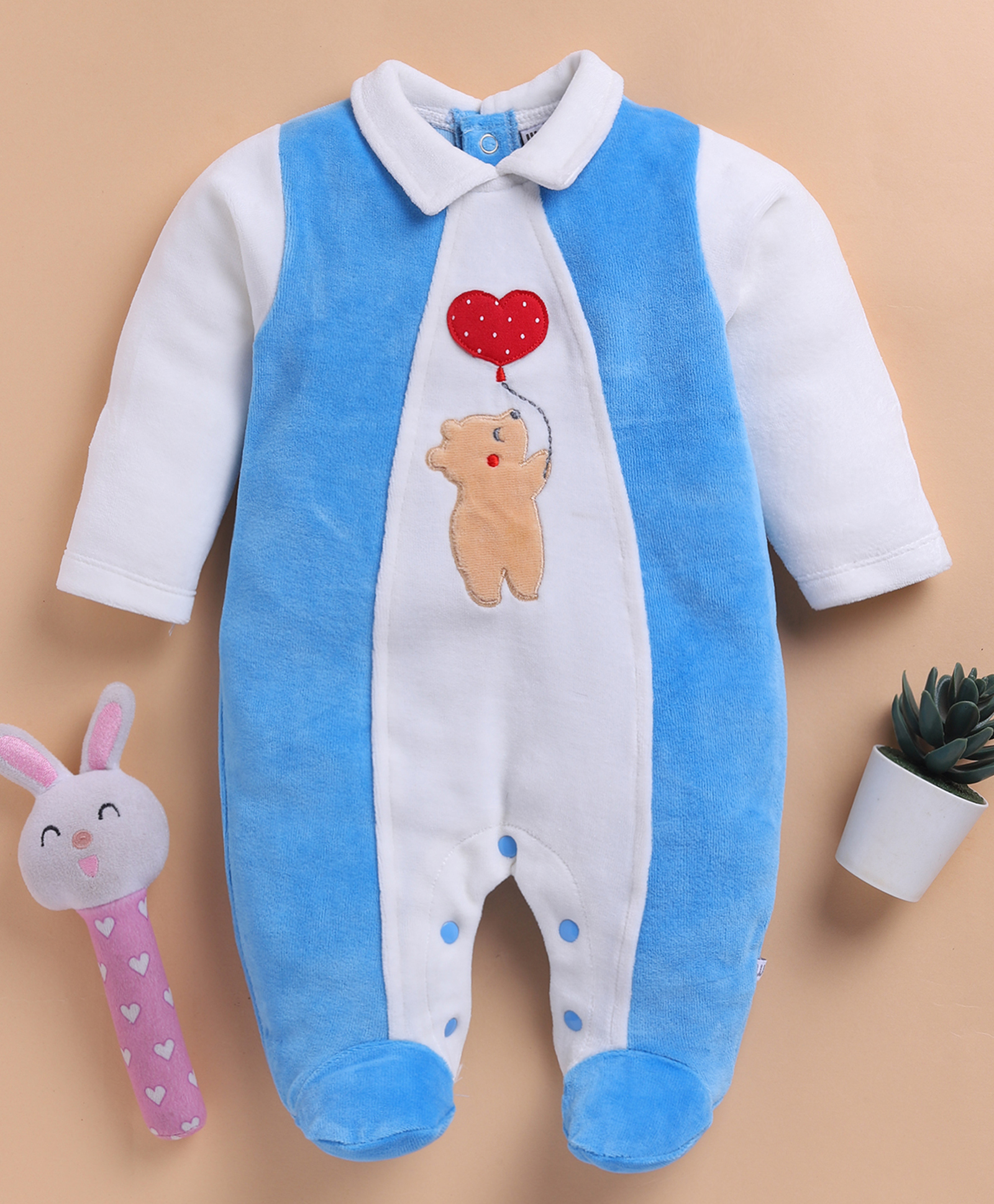 Wonderchild Full Sleeves Teddy Bear Patch Detailed Footed Romper - White & Blue-image-10