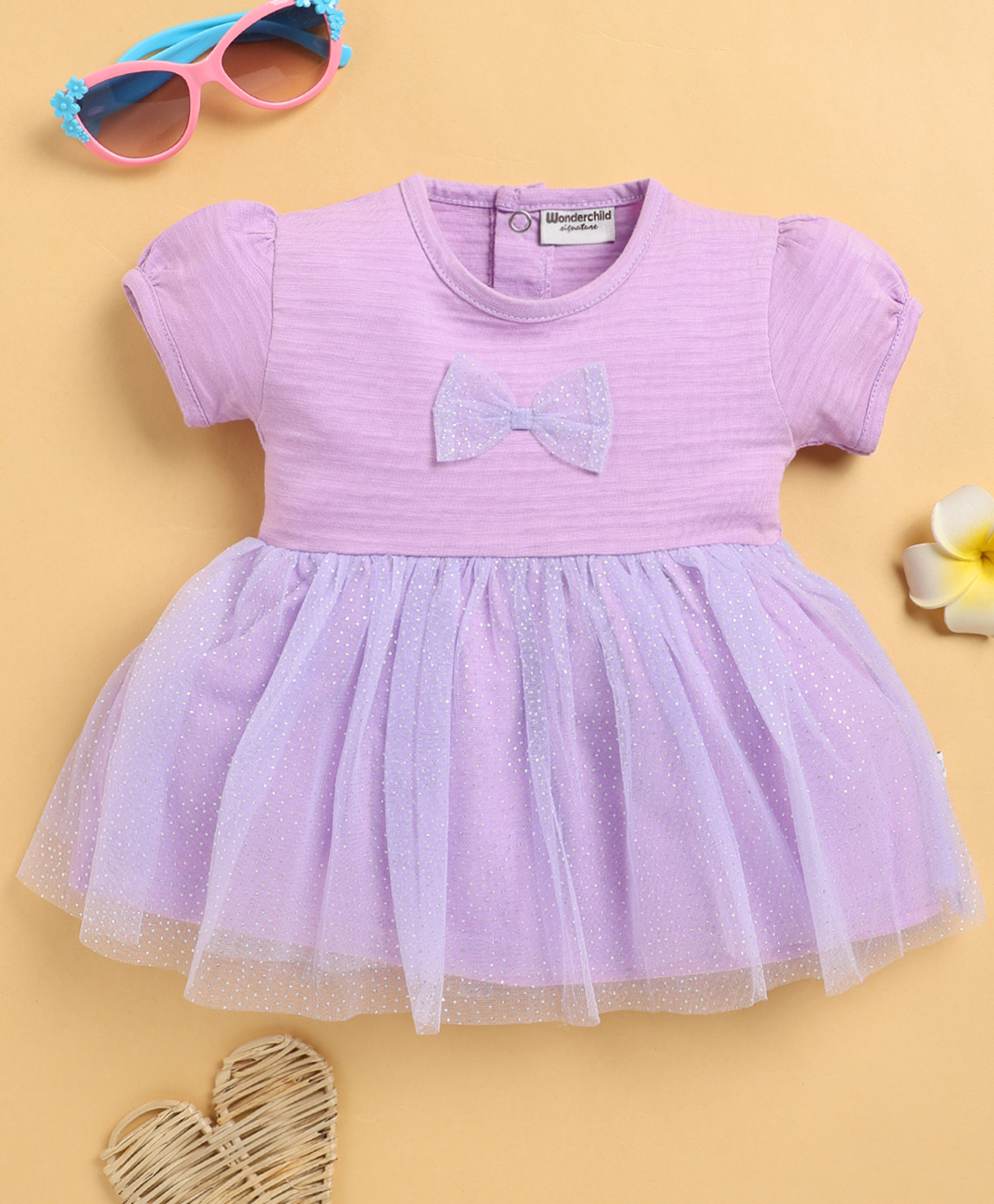 Wonderchild Half Puffed Sleeves Bow Applique Detailed Shimmered Dress - Mauve-image-3