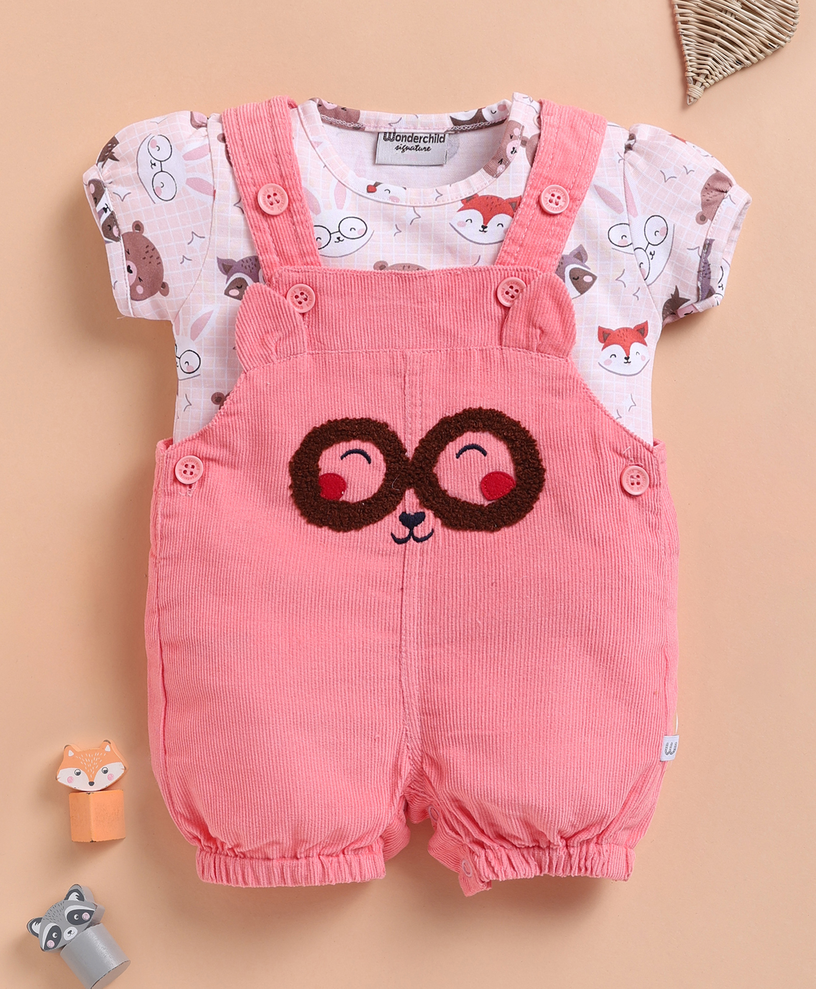 Wonderchild Cute Animal Printed Dungaree With Half Sleeves Top Set - Deep Peach-image-43