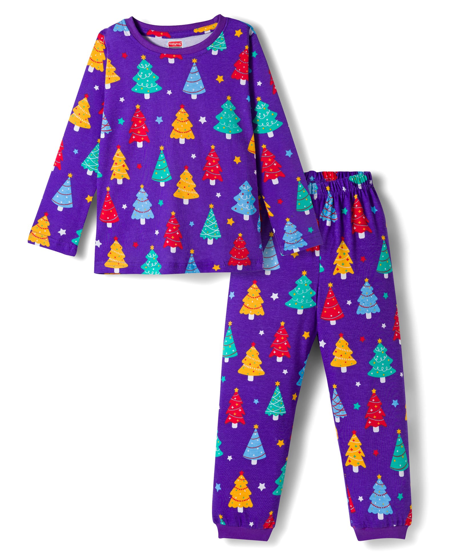 Babyhug Cotton Knit Full Sleeves Co-ords Night Suit With Tree Print - Purple-image-42