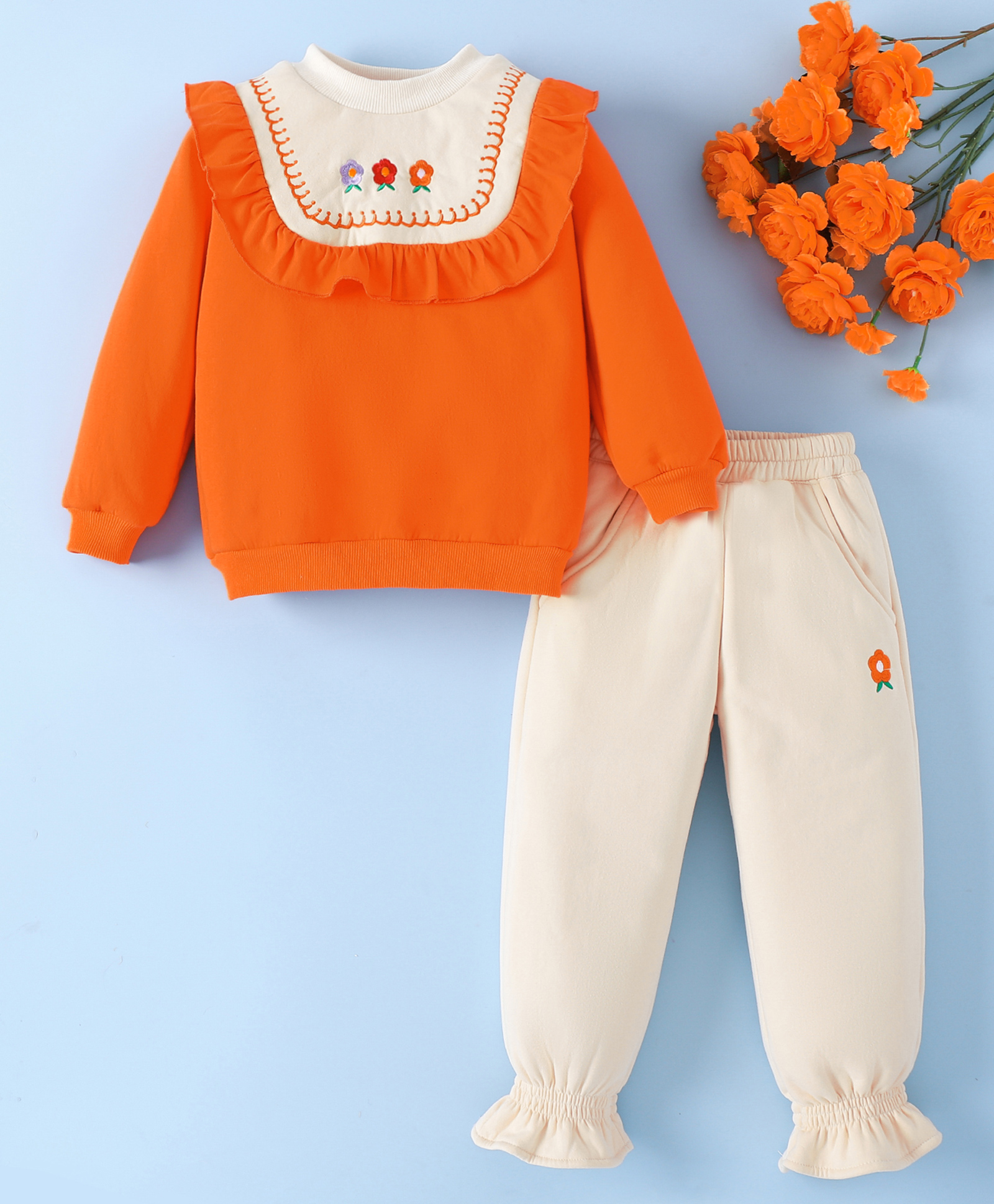Mark & Mia Full Sleeves Winter Wear T-Shirt & Joggers Set with Floral Embroidery & Frill Detailing - Orange & Beige-image-35