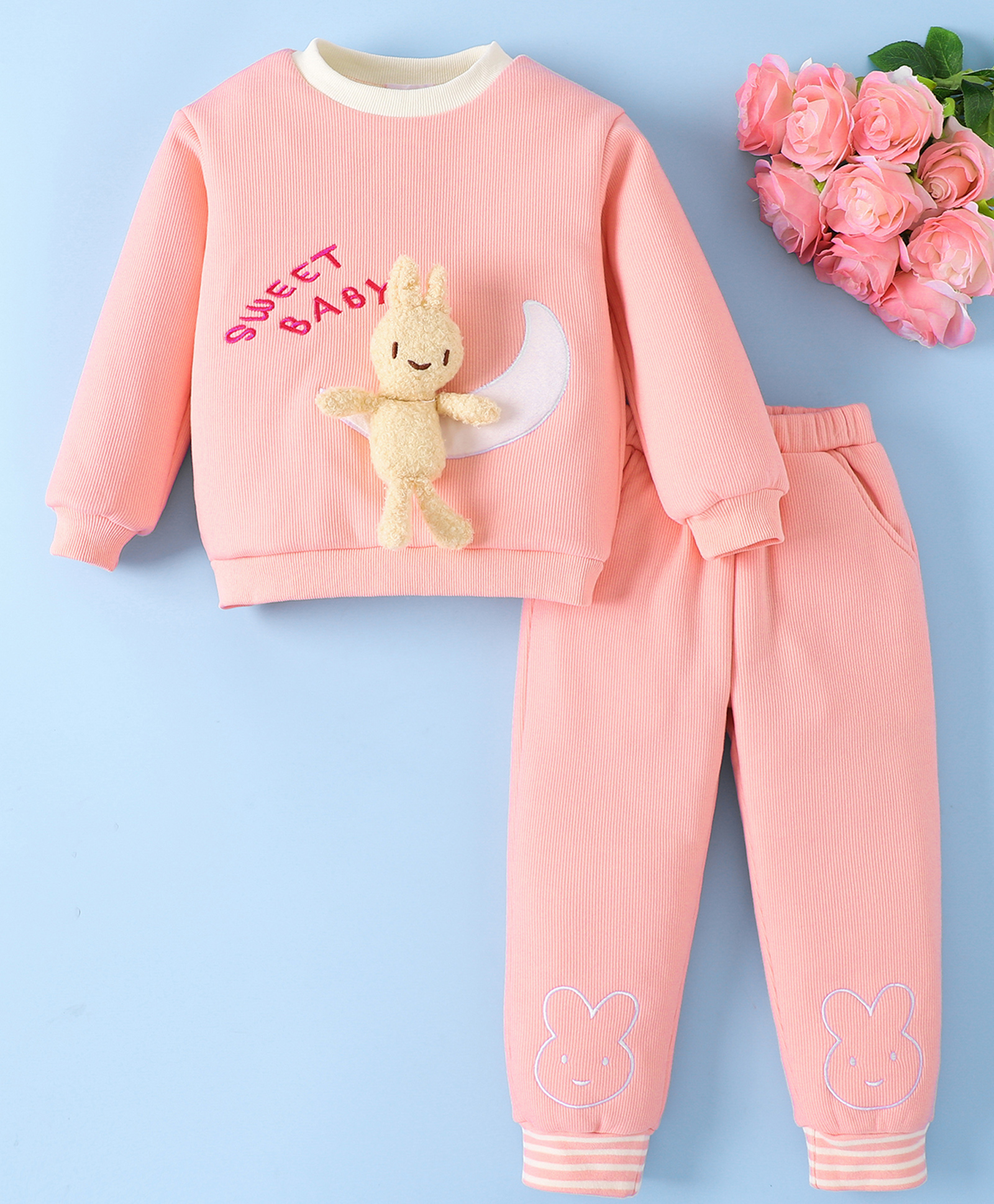 Mark & Mia Full Sleeves Winter Wear T-Shirt & Joggers Set with Animal Applique - Pink-image-34