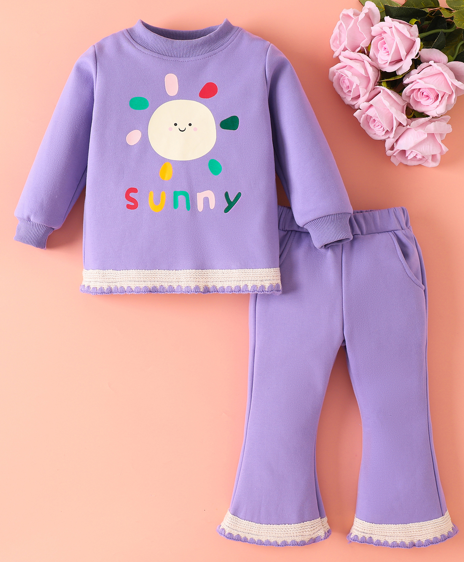 Mark & Mia Full Sleeves Winter Wear T-Shirt & Flared Trouser Set with Text Print & Lace Detailing - Purple-image-33