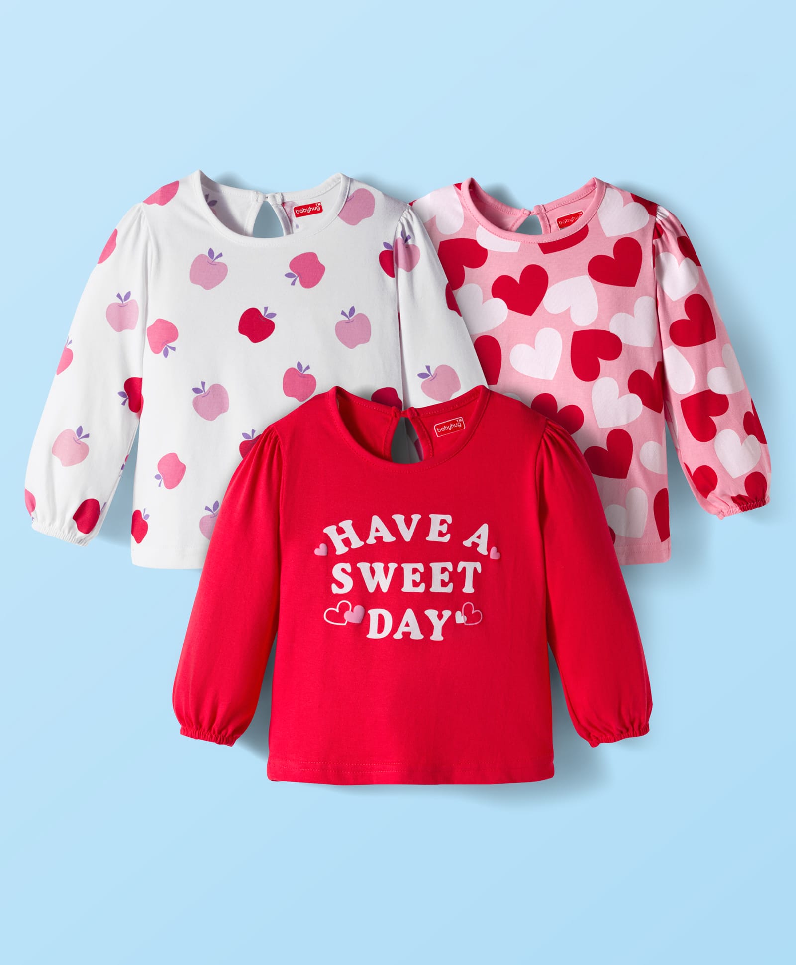 Babyhug 100% Cotton Knit Full Sleeves T-Shirts with Text Apple & Heart Print Pack of 3 - White Pink & Red-picture-28