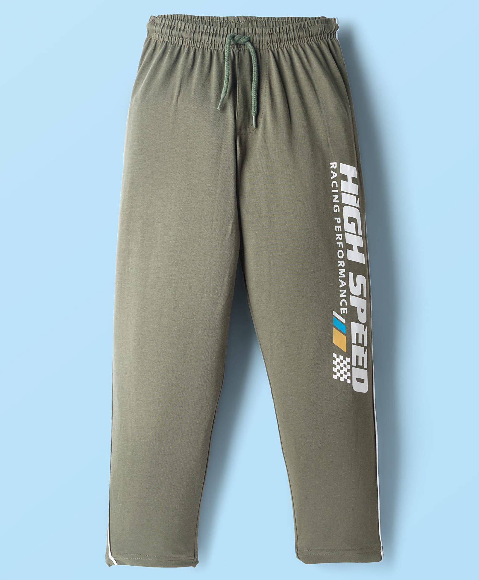 Taeko Single Jersey Knit Full Length Lounge Pant with High Speed Racing Print - Olive Green