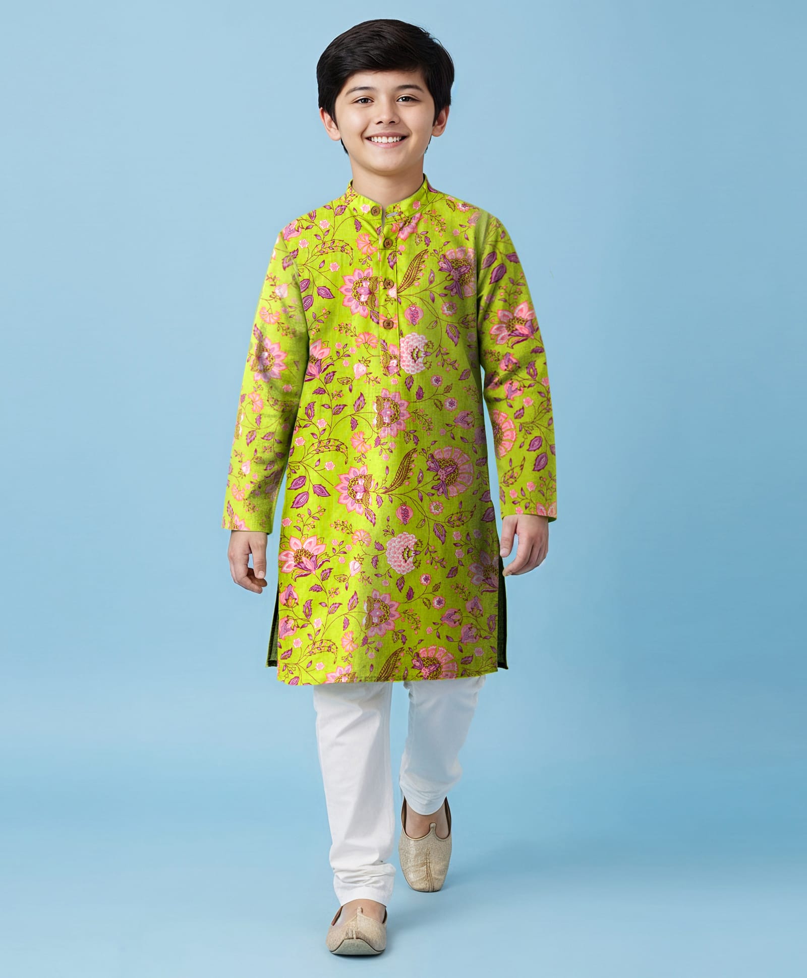 Pine Kids Cotton Woven Full Sleeves Kurta Pajama Set with Floral Print - Limegreen-picture-33
