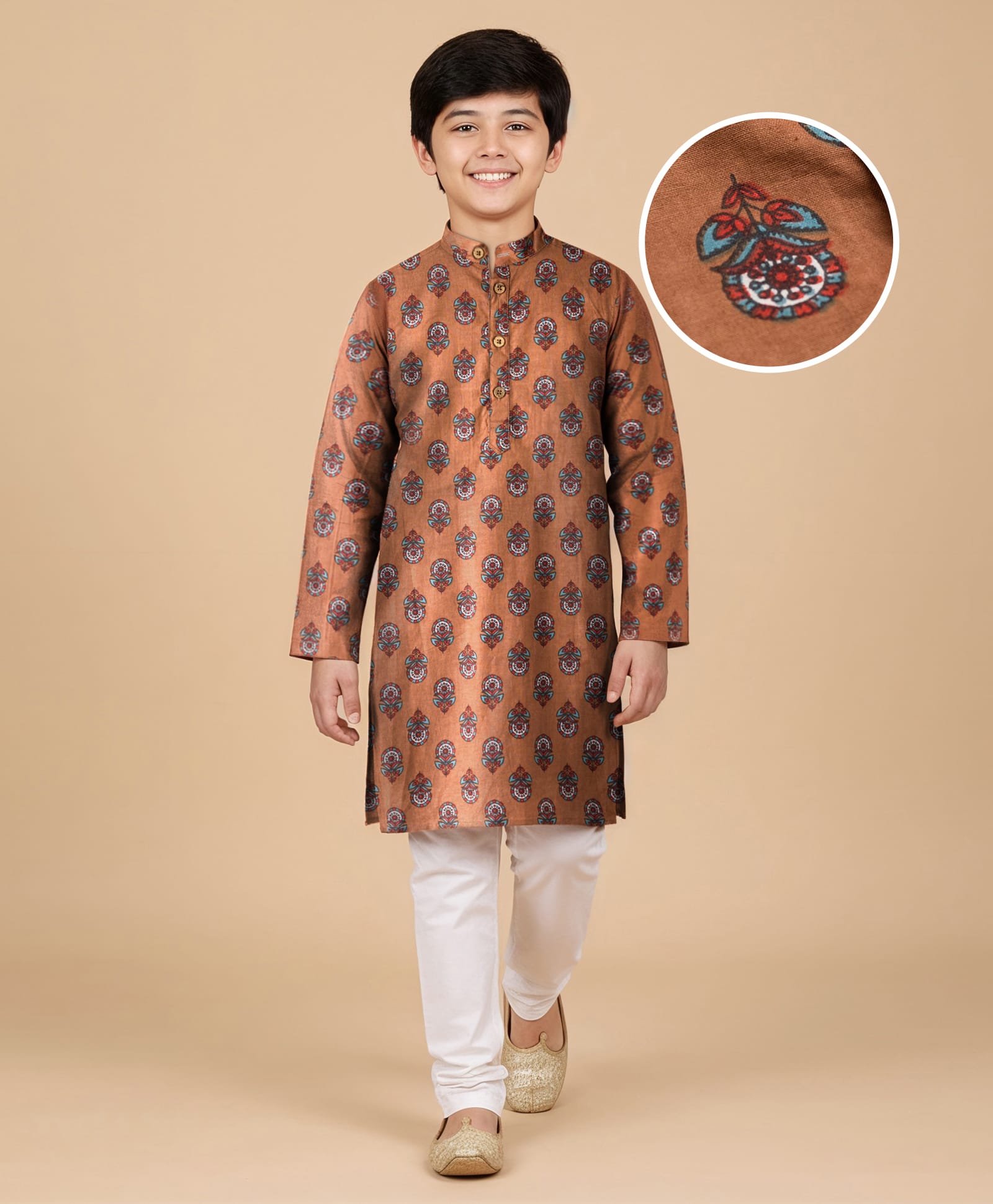 Pine Kids Cotton Woven Full Sleeves Kurta Pajama Set with Floral Print - Brown-picture-21