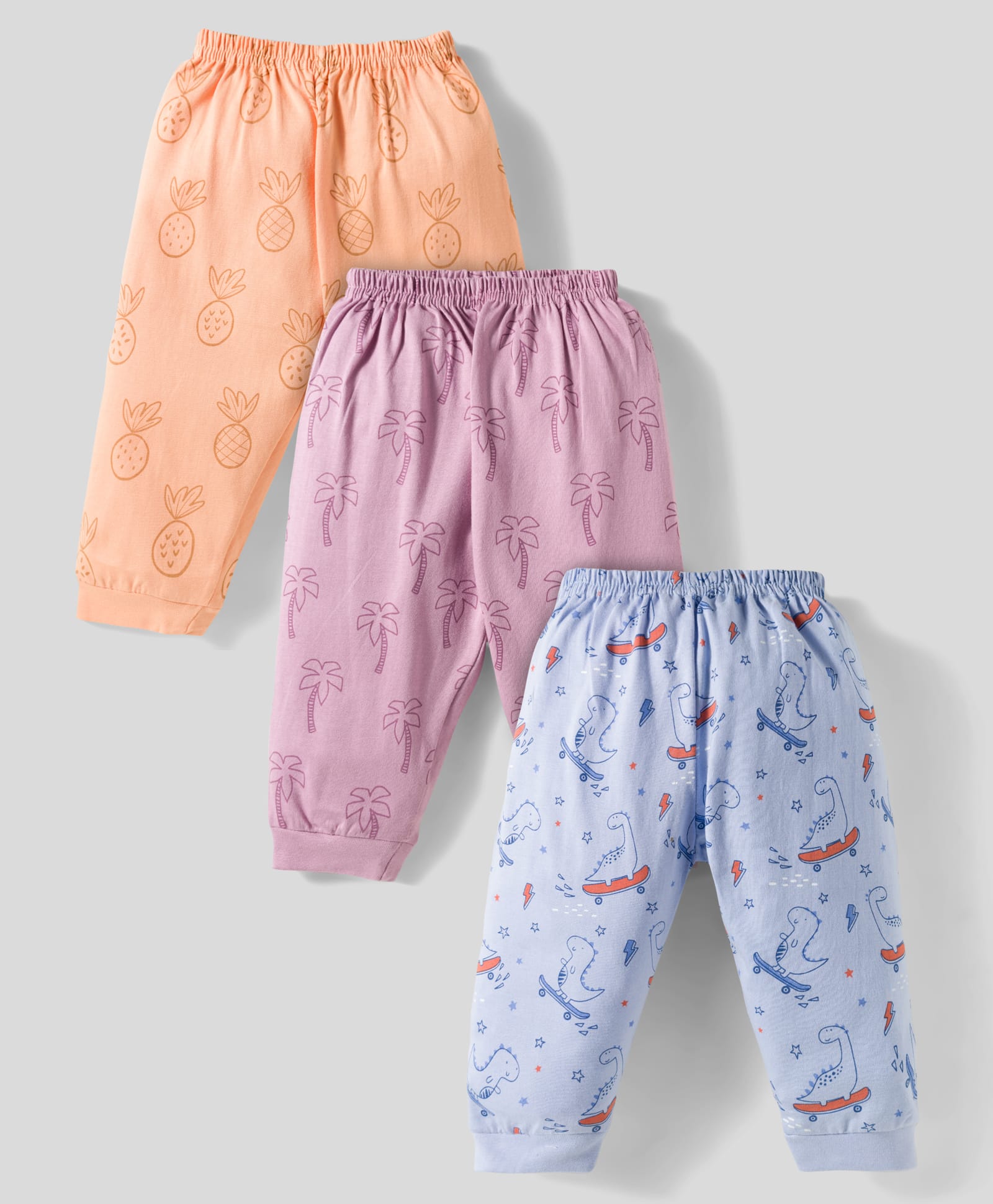 Zero Sinker Knit Full Length Leggings With Dino Print Pack Of 3 - Light Orange Violet & Light Blue-picture-21