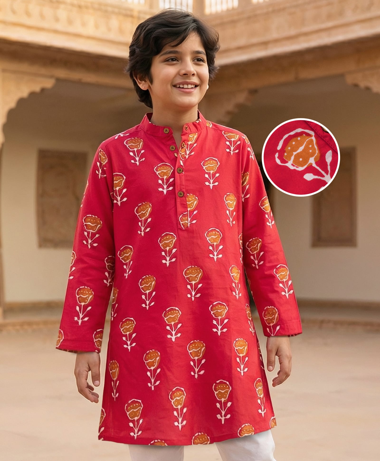 Pine Kids Cotton Woven Full Sleeves Kurta With Floral Print - Red-picture-41