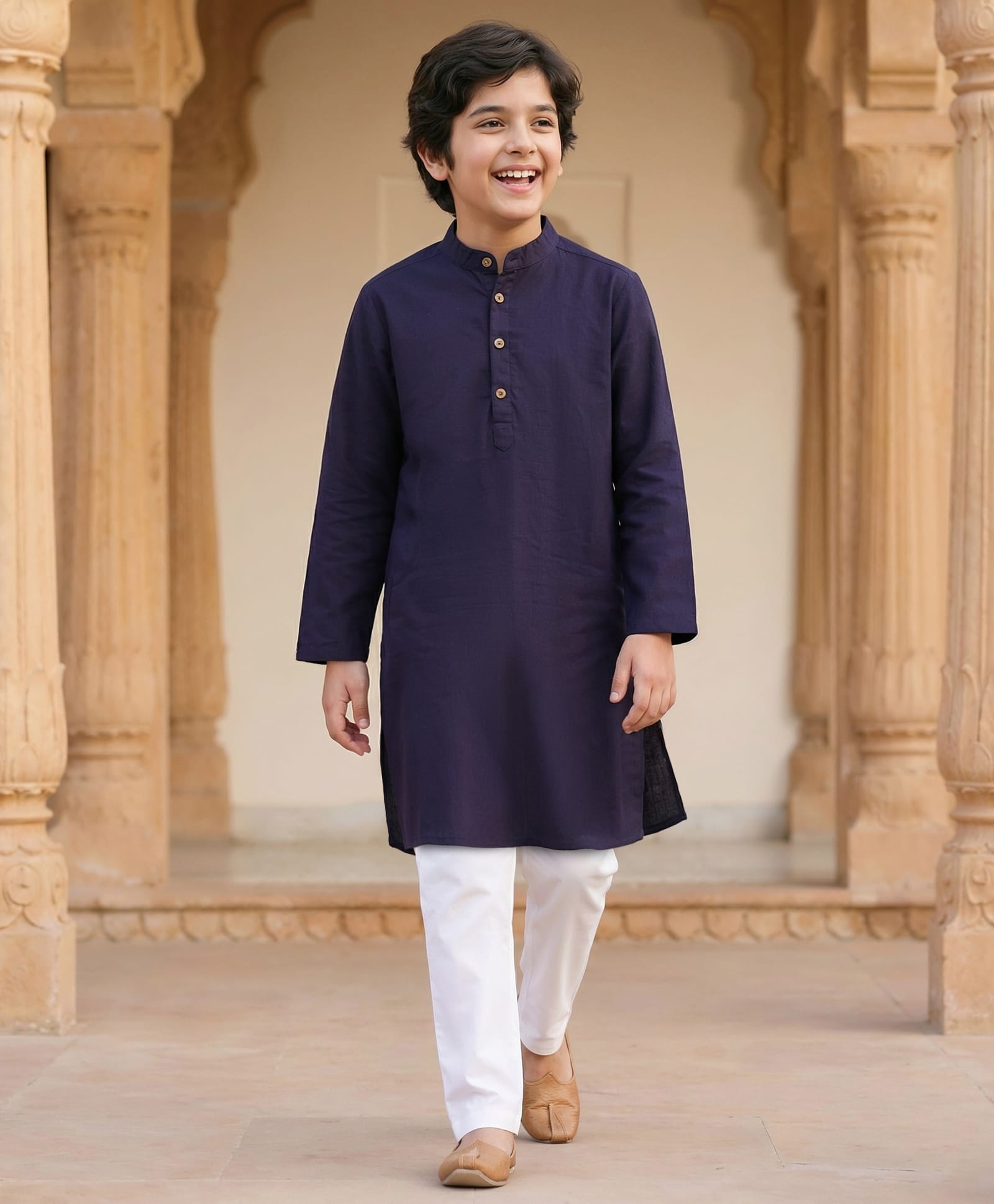 Pine Kids Cotton Woven Full Length Solid Colour Kurta Pajama Set - Navy Blue & White-image-10