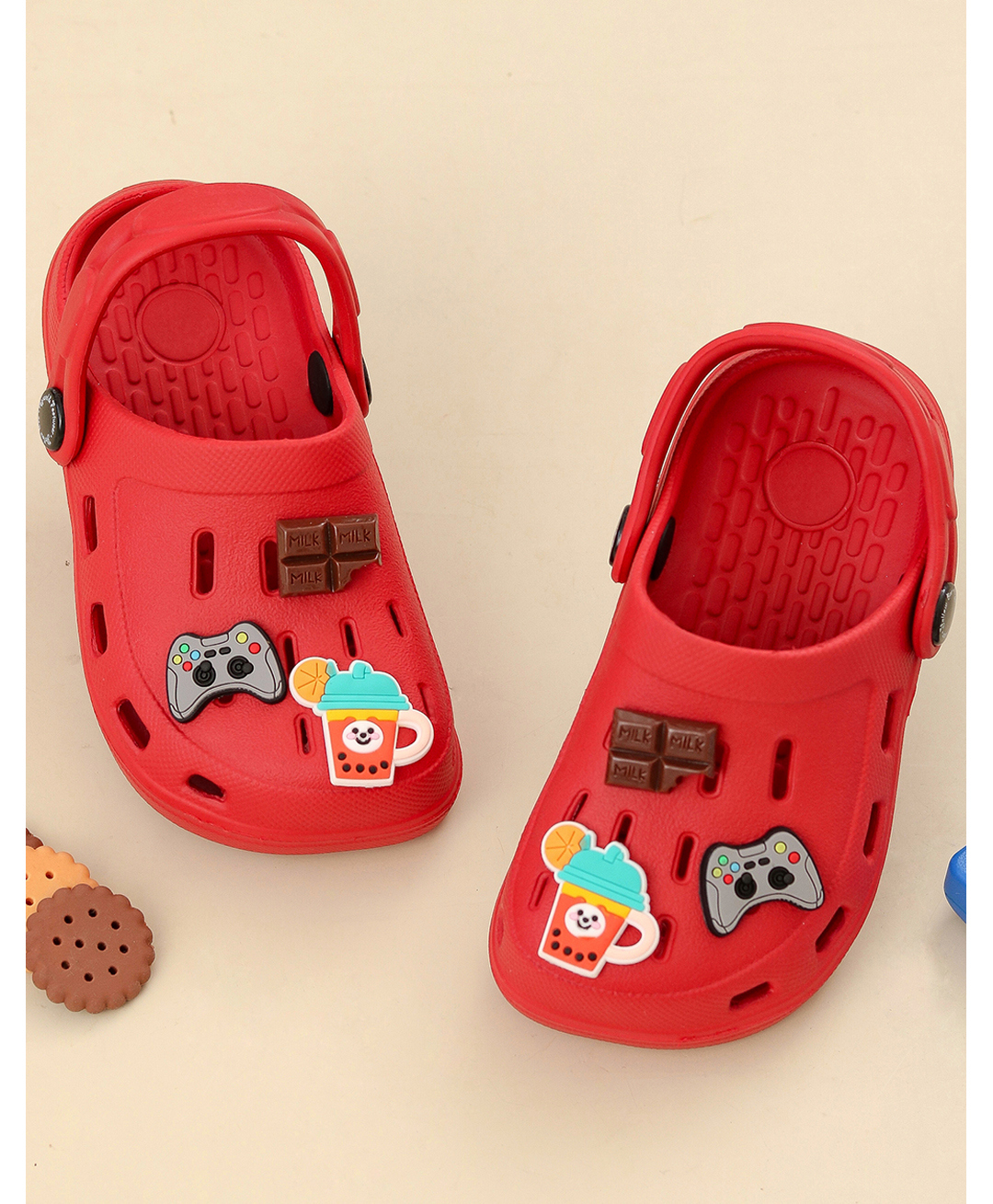 Yellow Bee Gamepad & Chocolate Charms Applique Detailed Perforated Clogs - Red-picture-16