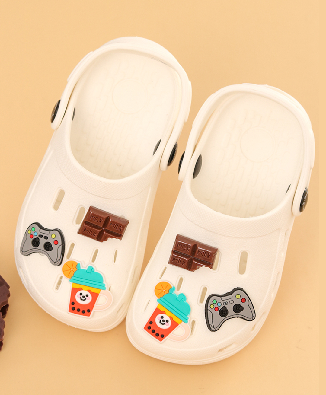 Yellow Bee Gamepad & Chocolate Charms Applique Detailed Perforated Clogs - White-picture-23