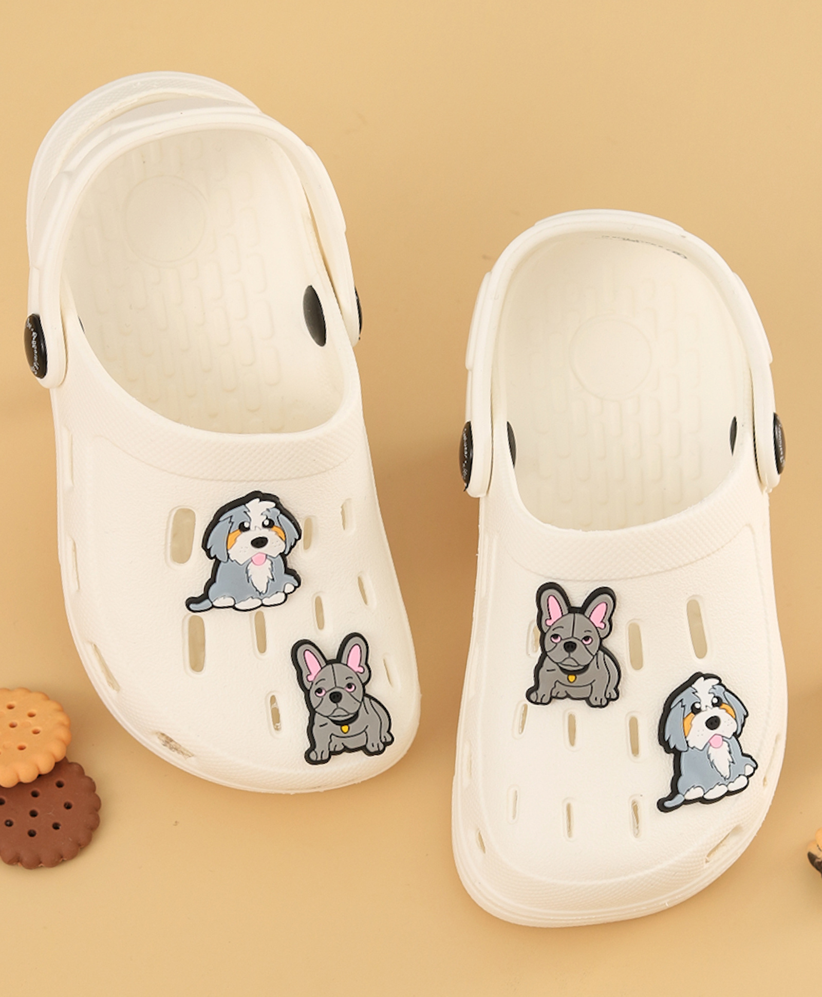 Yellow Bee Solid Perforated Slingback Clogs With Animals Charms - White-picture-24