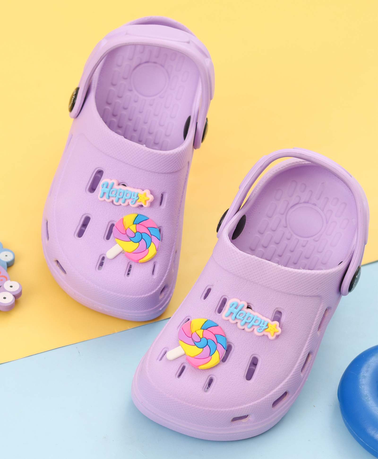 Yellow Bee Solid Perforated Slingback Clogs With Candy Charms - Purple-picture-18