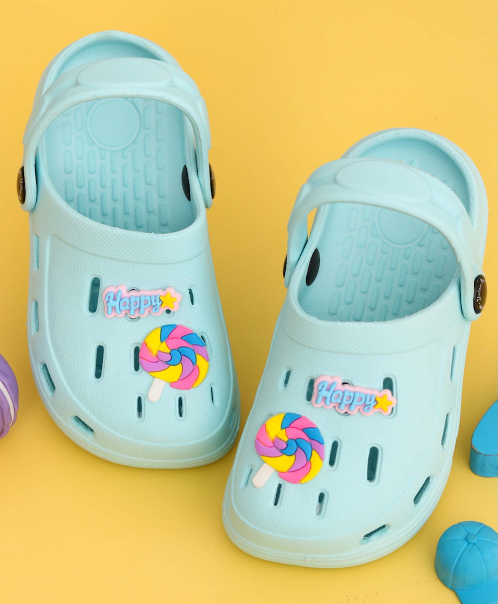 Yellow Bee Solid Perforated Slingback Clogs With Candy Charms - Blue-picture-25