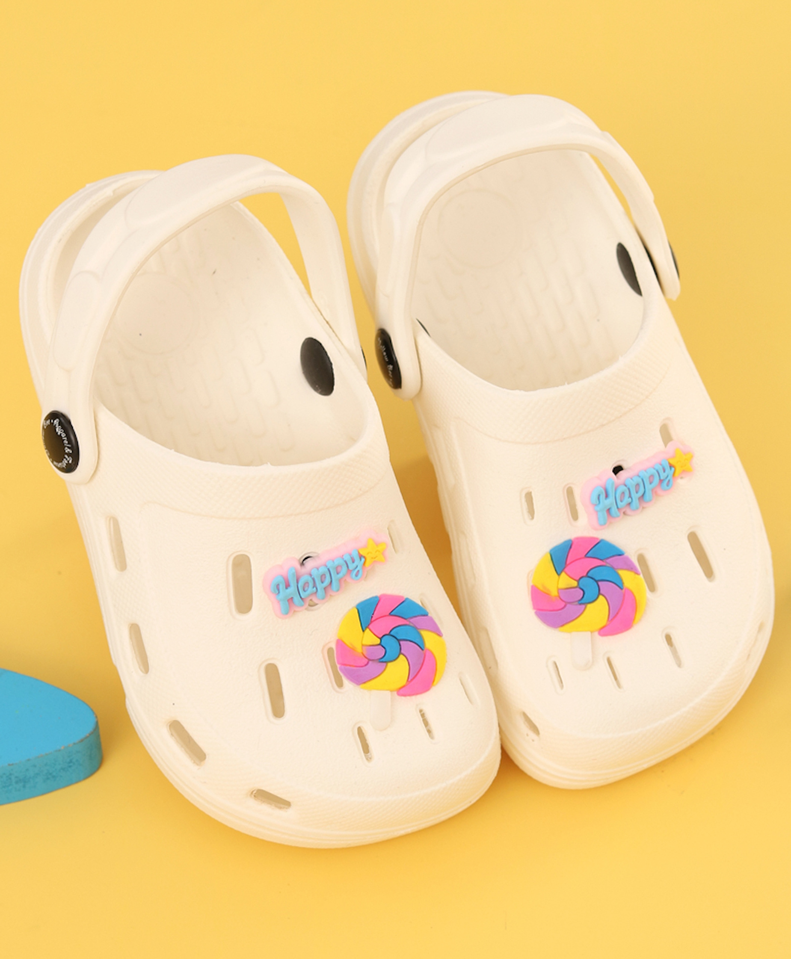 Yellow Bee Solid Perforated Slingback Clogs With Candy Charms - White-picture-10