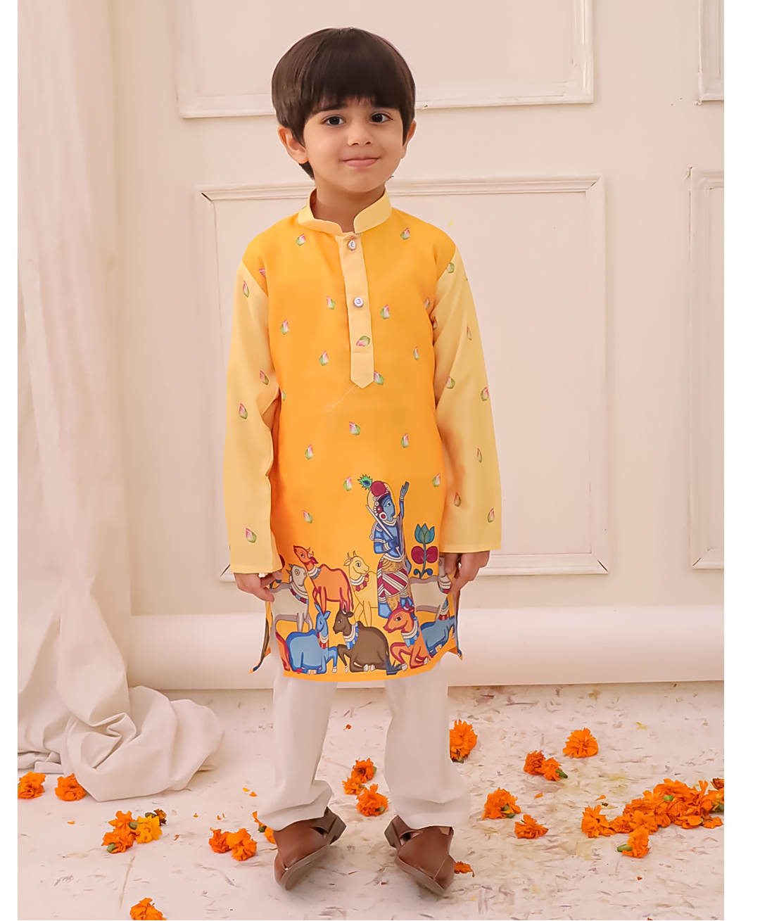 KID1 Silk Woven Janmashtami Theme Full Sleeves Lord Krishna Printed Kurta Pyjama Set - Yellow-picture-17