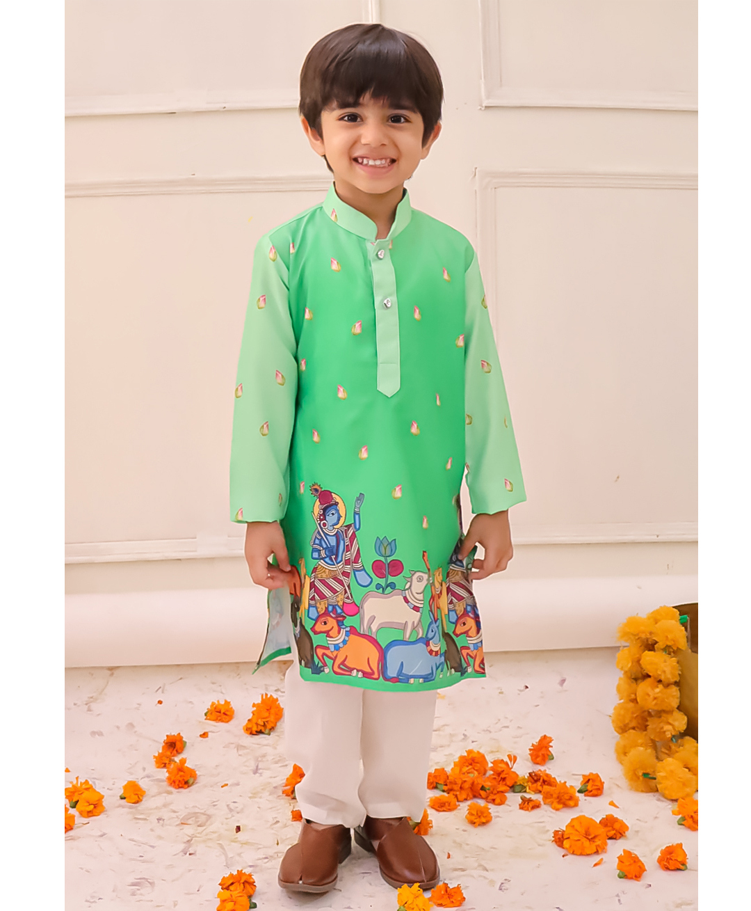 KID1 Silk Woven Janmashtami Theme Full Sleeves Lord Krishna Printed Kurta Pyjama Set - Green-picture-18