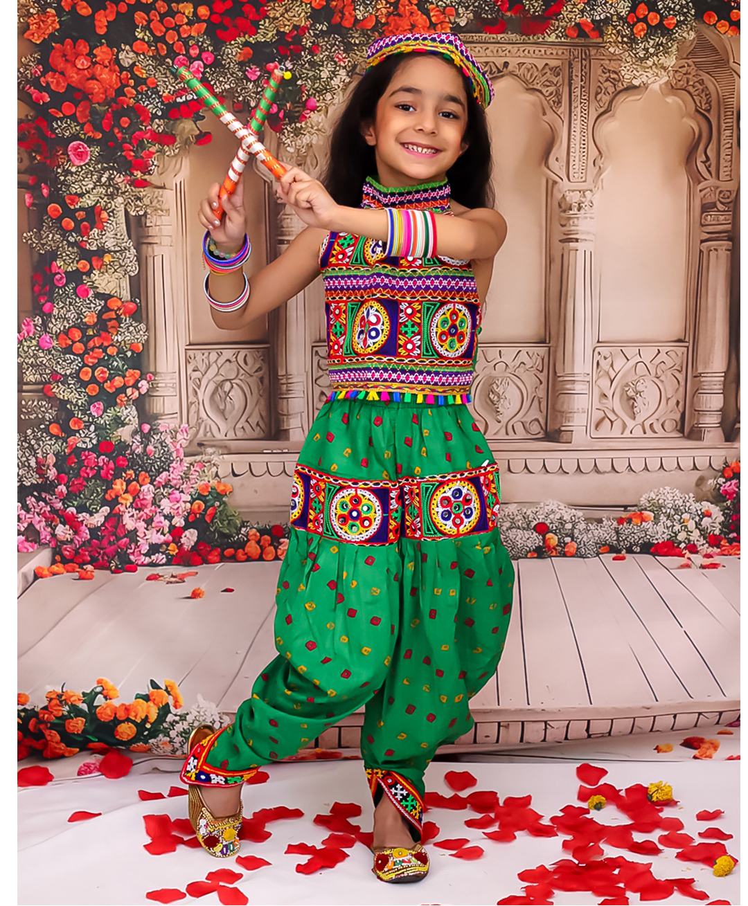 KID1 Cotton Woven Navratri Theme Sleeveless Ethnic Embroidered Mirror Work Embellished Crop Top & Bandhani Designed Dhoti With Cap Set - Green-image-37