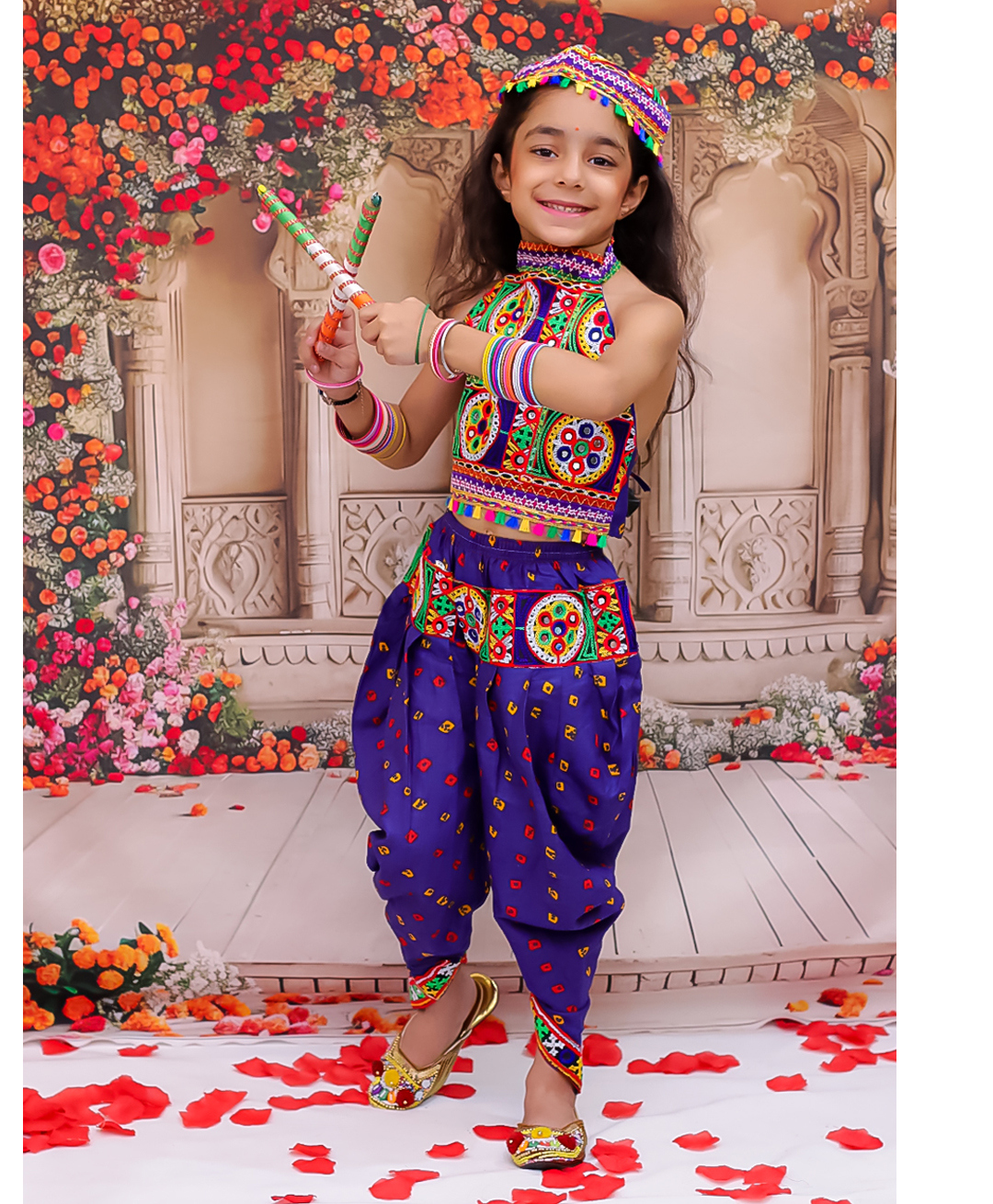 KID1 Cotton Woven Navratri Theme Sleeveless Ethnic Embroidered Mirror Work Embellished Crop Top & Bandhani Designed Dhoti With Cap Set - Blue