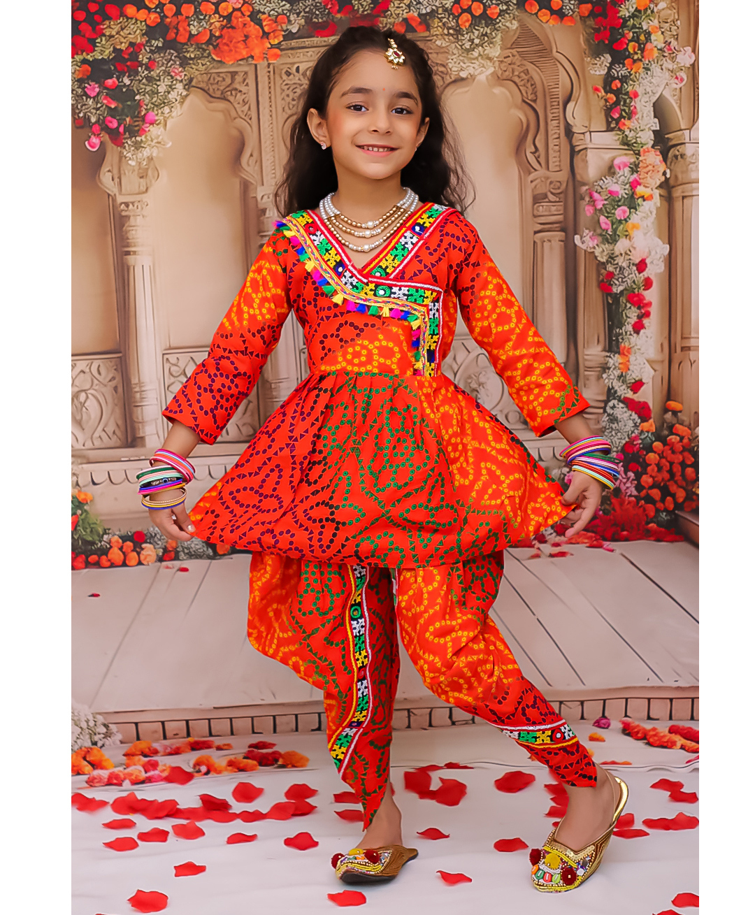 KID1 Cotton Woven Navratri Theme Three Fourth Sleeves Bandhani Designed Mirror Work Embellished Kurti Dhoti Set - Orange-image-14