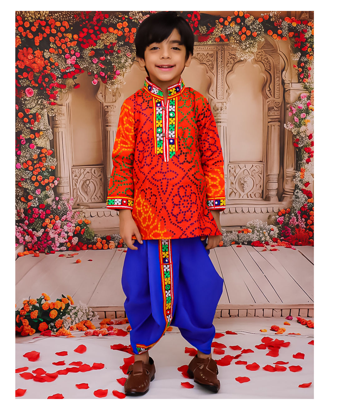 KID1 Cotton Woven Navratri Theme Full Sleeves Bandhani Designed & Mirror Work Embellished Dhoti Kurta Set - Orange & Blue