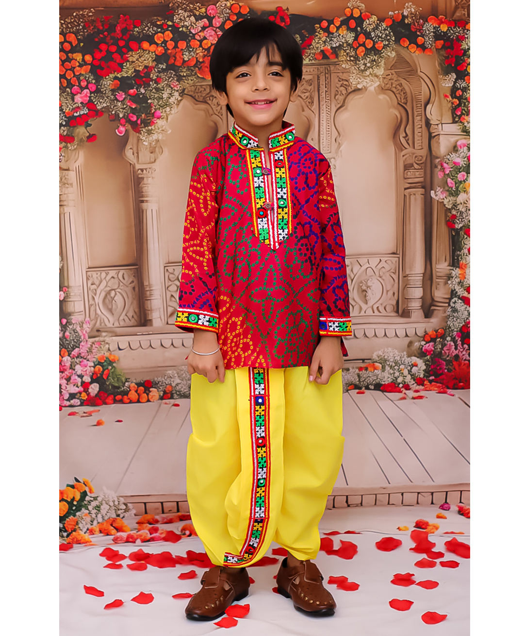 KID1 Cotton Woven Navratri Theme Full Sleeves Bandhani Designed & Mirror Work Embellished Dhoti Kurta Set - Multi Colour & Yellow