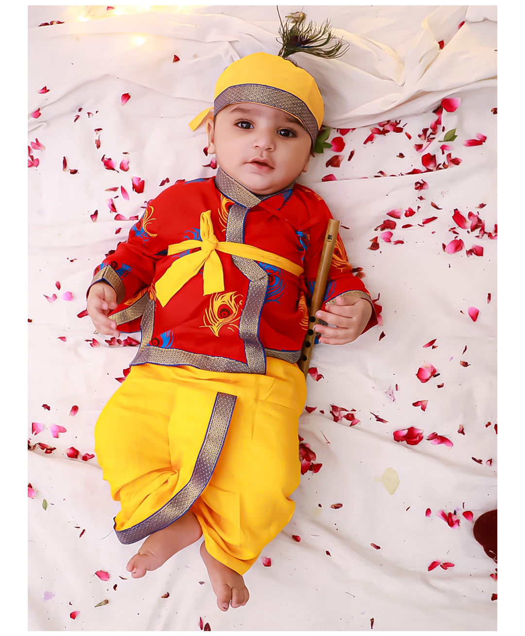 KID1 Cotton Woven Janmasthami Theme Full Sleeves Peacock Feathers Printed Dhoti Kurta With Mor Pankh Bansuri & Headband Set - Red-image-21
