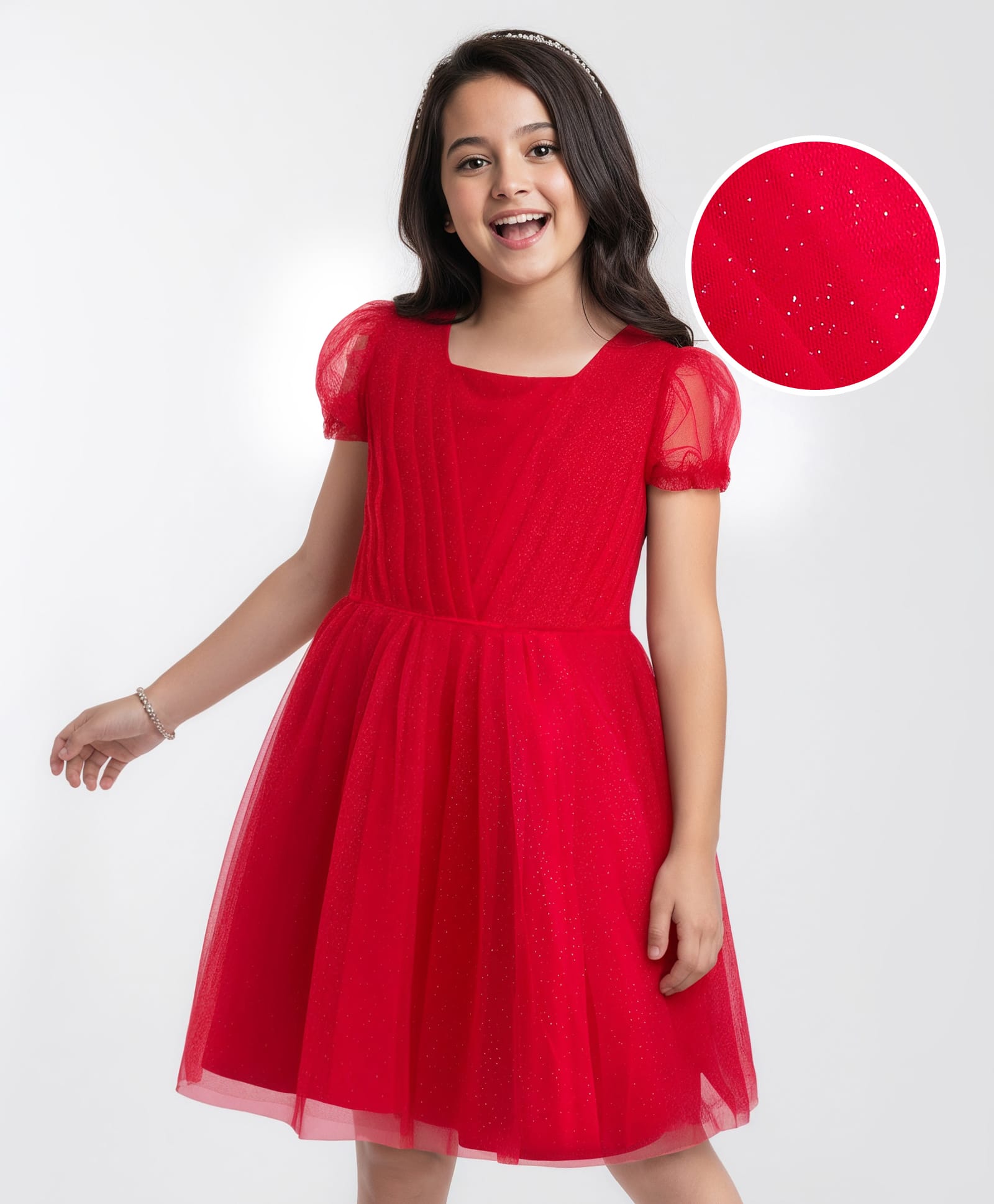 Pine Kids Woven Half Puffed Half Sleeves Pleated Glittery Party Dress - Red-picture-17