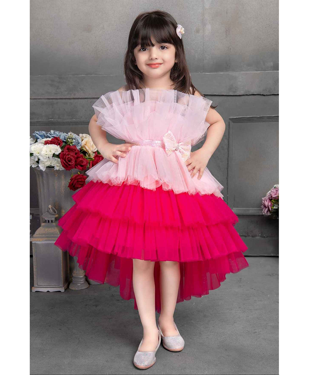 Lagorii Net Woven Sleeveless Ruffle & Bow Applique Detailed High Low Tutu Dress - Pink-image-31